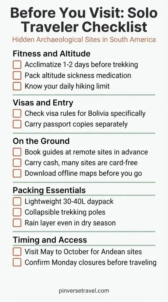 Solo traveler pre-visit checklist infographic for hidden archaeological sites in South America covering fitness visa packing and altitude tips