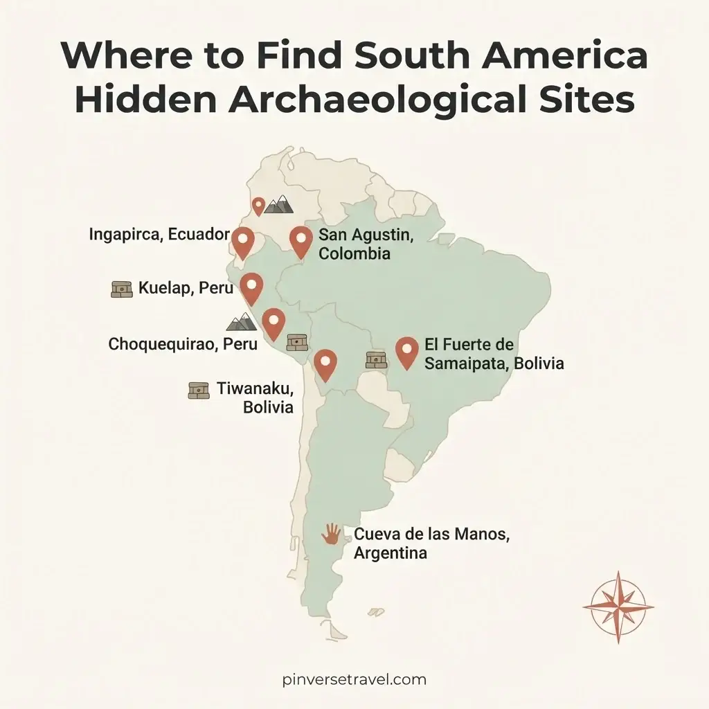 Minimalist illustrated map of South America showing locations of hidden archaeological sites including Kuelap Choquequirao Tiwanaku San Agustin Ingapirca Cueva de las Manos