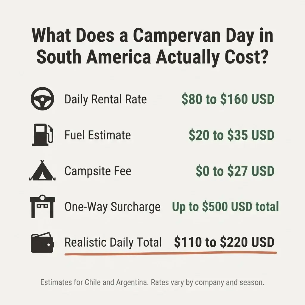 Flat infographic showing daily campervan travel cost breakdown in South America including rental rate, fuel, campsites, and one-way fees