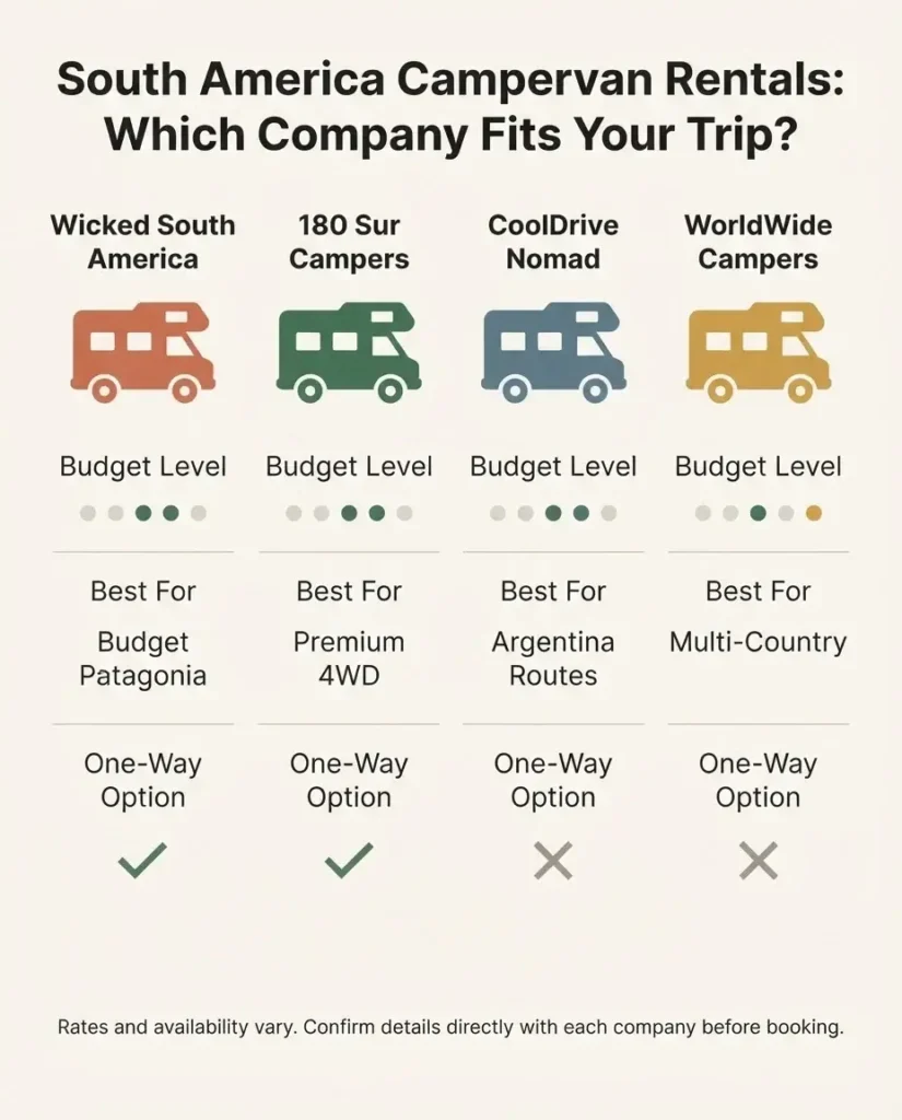 Infographic comparing top campervan rental companies in South America including Wicked South America, 180 Sur Campers, CoolDrive Nomad, and WorldWide Campers by budget, route, and vehicle type