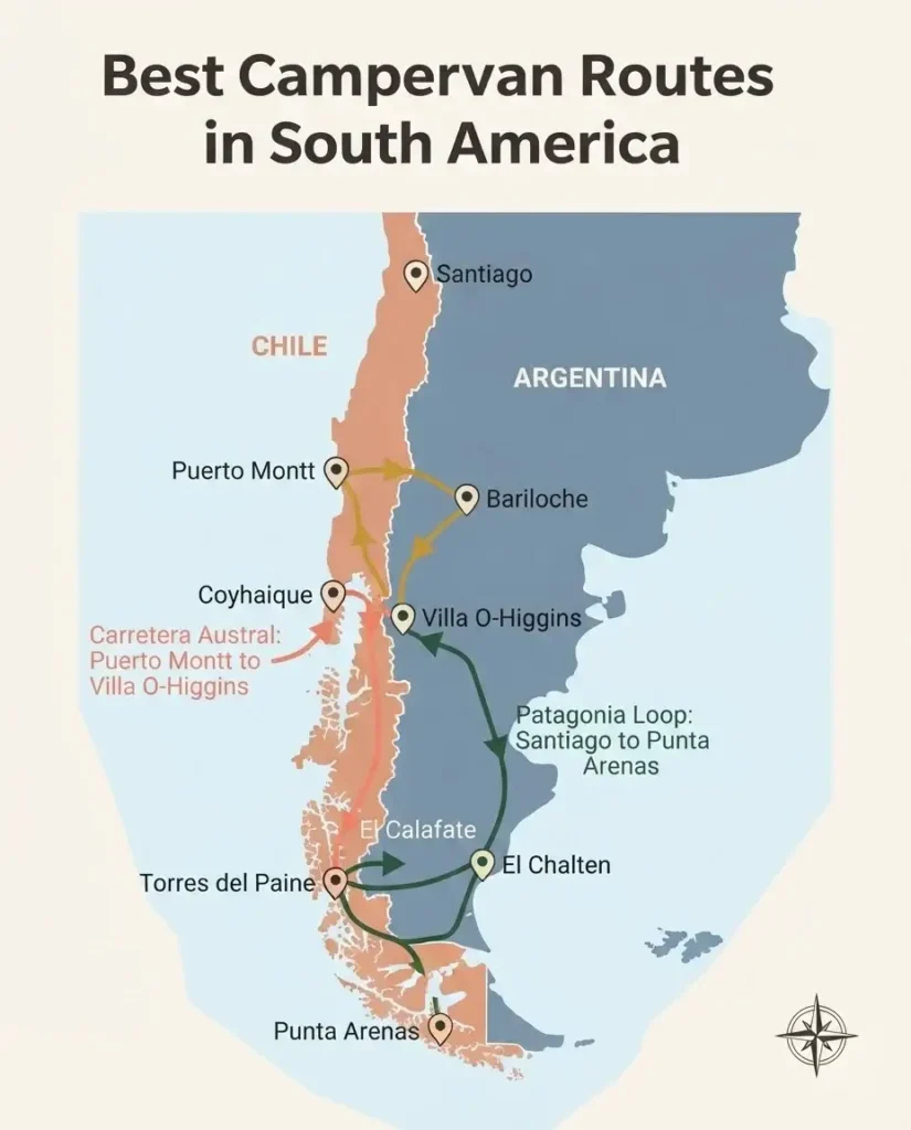 Illustrated route map of top campervan road trip routes in South America including the Patagonia Loop, Carretera Austral, and Lake District between Chile and Argentina