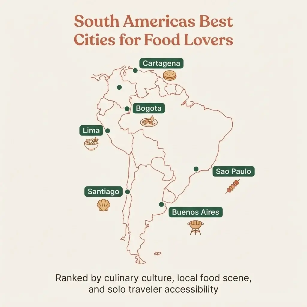 Illustrated minimalist map of South America highlighting the best foodie cities Lima Buenos Aires Bogota Sao Paulo Cartagena and Santiago with food icons per city