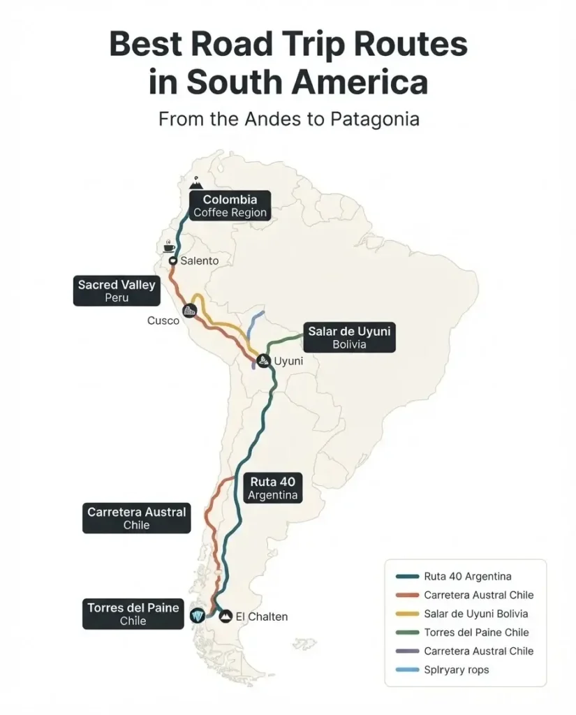 Illustrated map of South America showing six major road trip routes including Ruta 40, Carretera Austral, Uyuni Salt Flats, Torres del Paine, Colombia Coffee Region, and Sacred Valley Peru