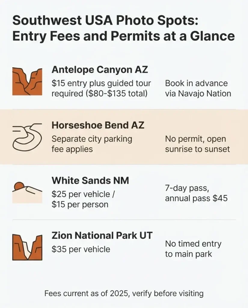 Infographic showing entry fees permit requirements and best visit times for White Sands Zion Antelope Canyon and Horseshoe Bend national parks USA