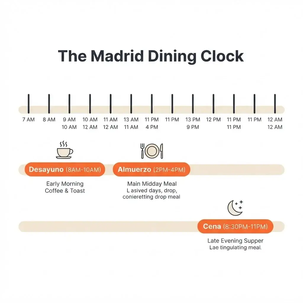A high-contrast flat vector timeline infographic comparing the traditional Spanish daily dining schedule across breakfast, lunch, and late-night dinner times.