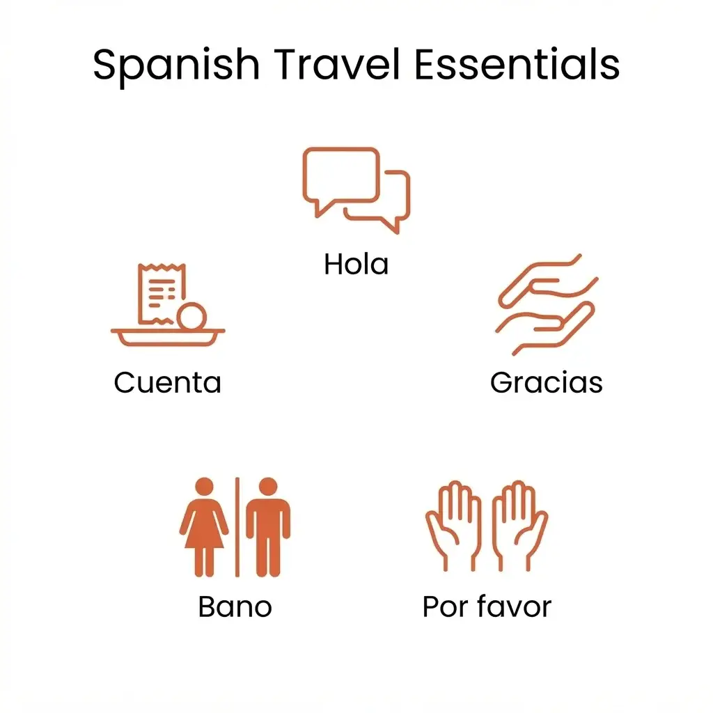 A modern infographic showing five essential Spanish travel phrases with simple icons for bathroom, bill, and greetings.