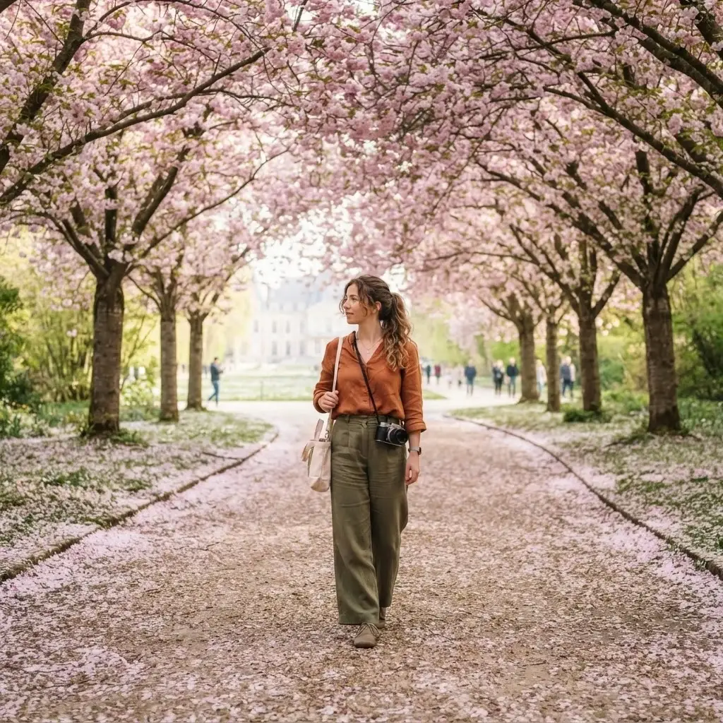 A solo traveler walking confidently beneath blooming cherry blossom trees at the Parc de Sceaux, a quiet garden park near Paris.