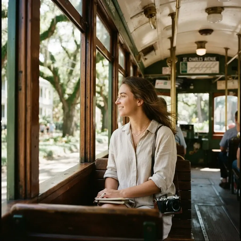 A natural lighting photograph of a female traveler in a linen shirt looking out the open window of a vintage green St. Charles Avenue Streetcar in New Orleans.
