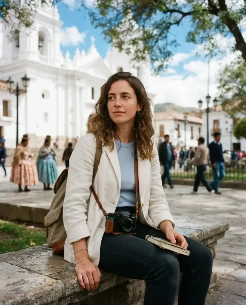 Solo female traveler sitting in the main plaza of Sucre Bolivia surrounded by whitewashed colonial buildings and the Metropolitan Cathedral