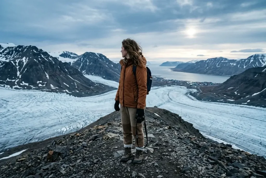 Solo female traveler with mirrorless camera looking out over Svalbard glacier landscape under Arctic blue-grey sky, Longyearbyen in the distance