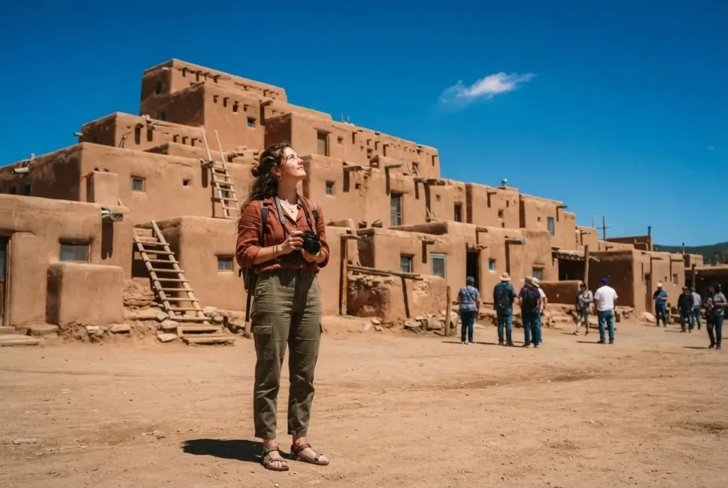 Female solo traveler with camera photographing the multi-story adobe buildings of Taos Pueblo in New Mexico under a vivid blue sky, warm terracotta tones of the ancient walls in midday southwestern light