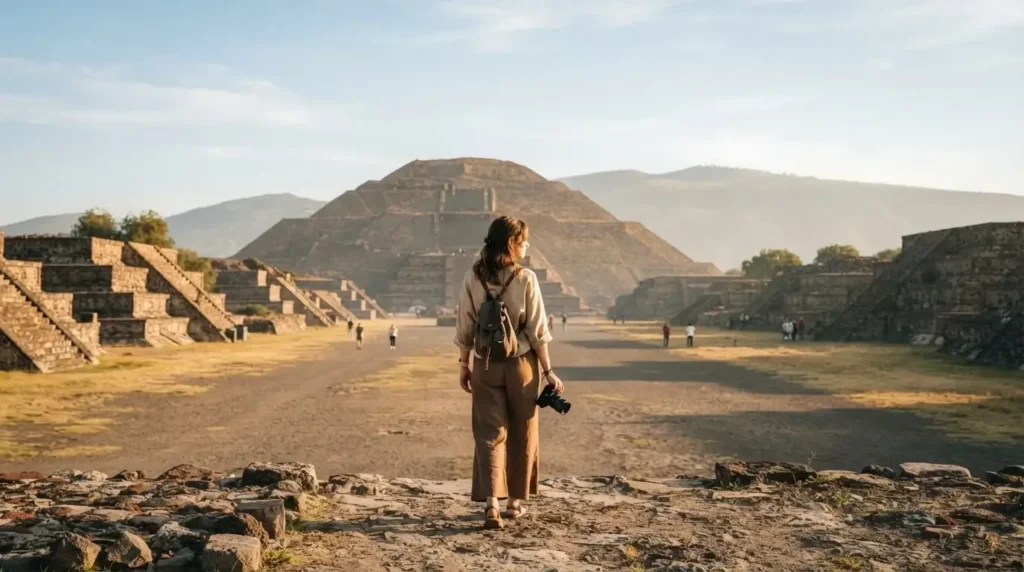 Solo female traveler walking along the Avenue of the Dead at Teotihuacan Mexico in early morning light with the Pyramid of the Sun in the background