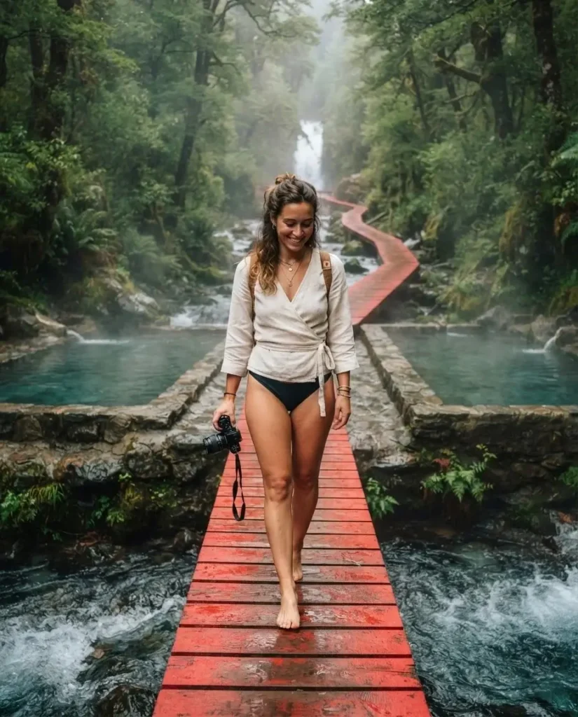 Solo female traveler walking barefoot along iconic red painted wooden walkways at Termas Geometricas in Villarrica National Park Chile with steam rising from thermal pools below