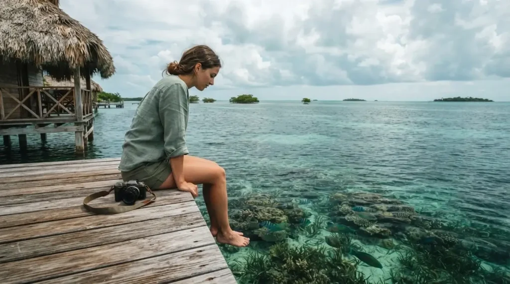 Solo female traveler sitting at the edge of a thatched overwater bungalow in Belize, legs dangling above reef water, surrounded by tropical cayes and turquoise sea