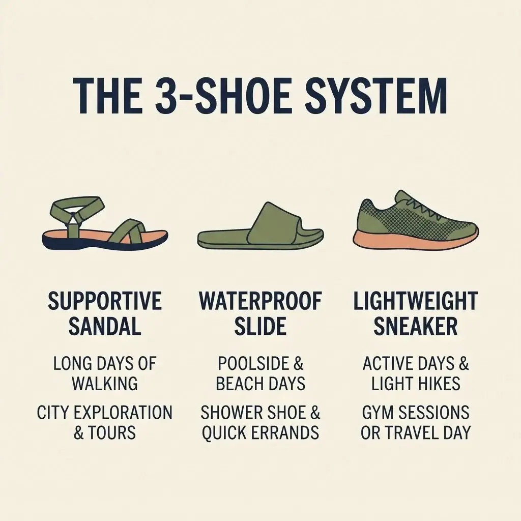A minimalist 1:1 comparison infographic titled "The 3-Shoe System" displaying three types of essential travel shoes: Supportive Sandal, Waterproof Slide, and Lightweight Sneaker, with clear functional use labels.