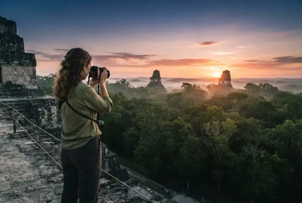 Solo female traveler photographing Tikal Temple I emerging above the jungle canopy at sunrise in Peten Guatemala