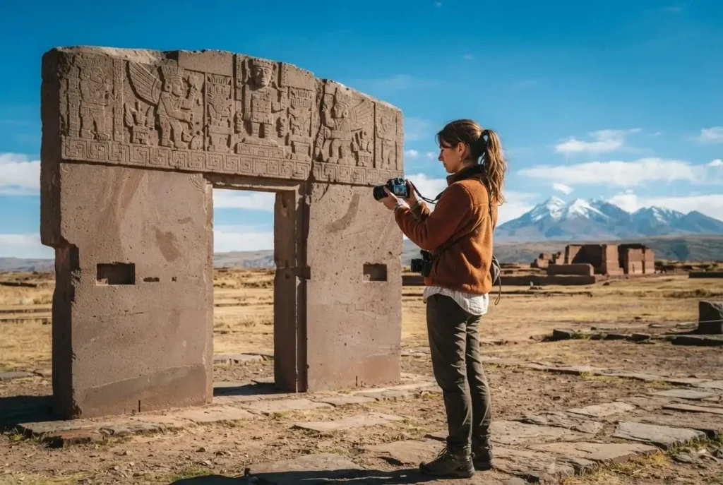 Solo female traveler at the Gate of the Sun carved monolith Tiwanaku Bolivia altiplano bright afternoon sky