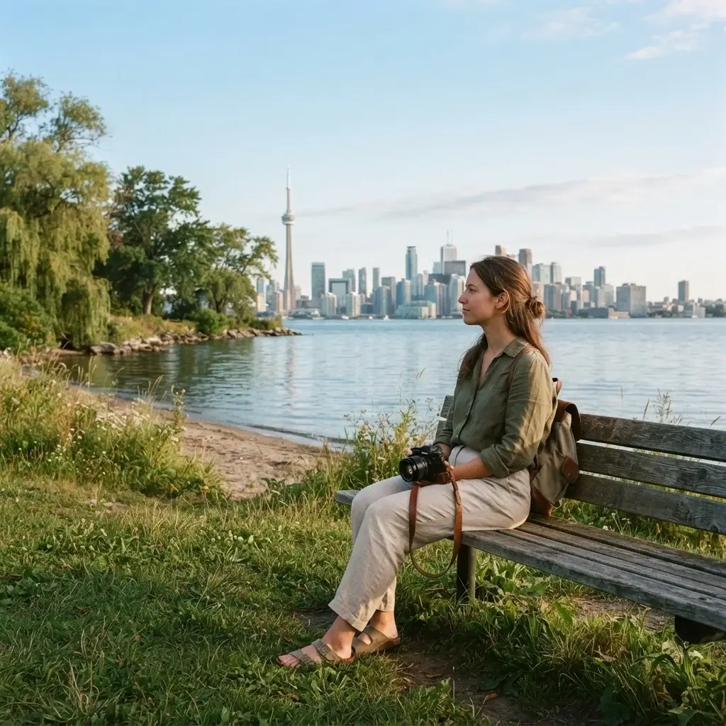 A solo female traveler sitting on a bench on Ward's Island, looking across the water at the distant Toronto skyline during a bright, clear morning.