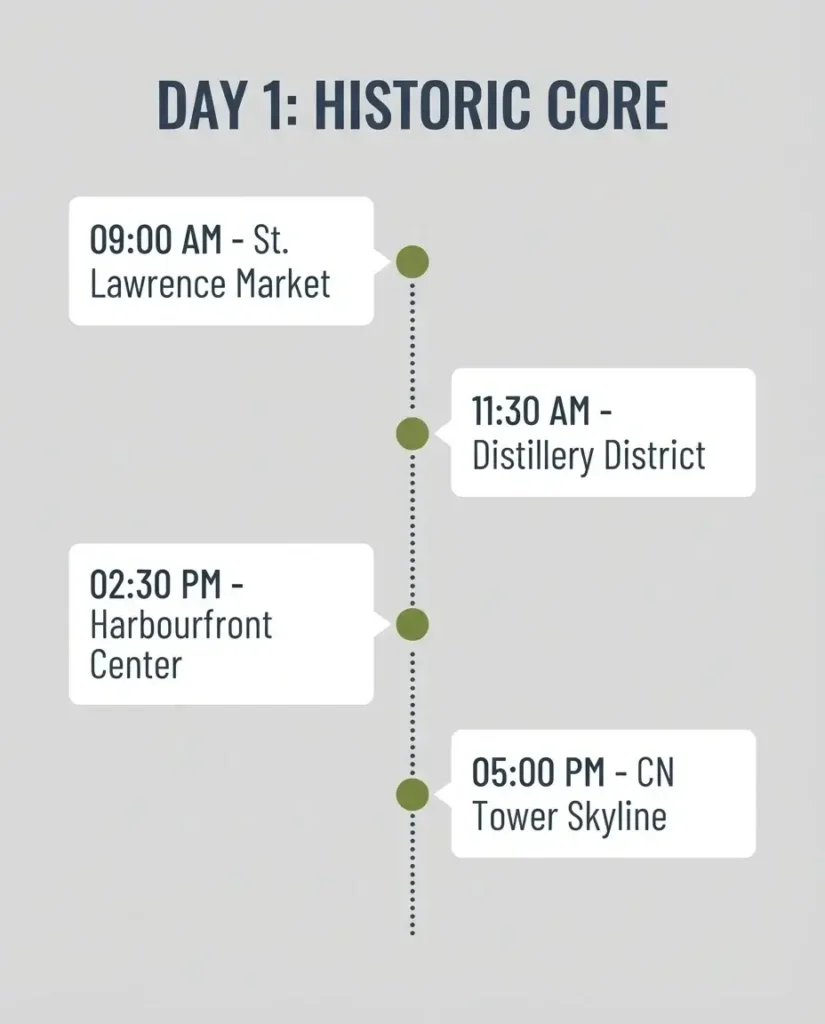A vertical step-by-step timeline graphic detailing the perfect timeline flow for Day 1 in Toronto from St. Lawrence Market morning to the evening skyline views.