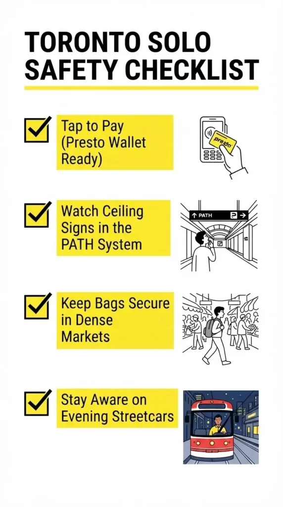 A high-contrast flat icon checklist outlining four key safety and preparedness actions for solo travelers navigating Toronto and the PATH underground network.