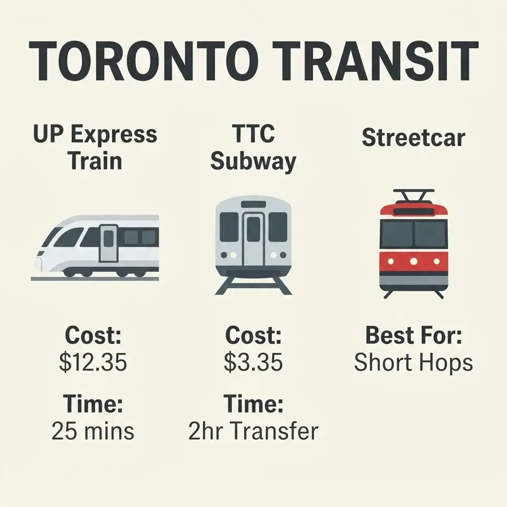 A minimalist vector comparison chart contrasting the transit times, cost, and best use cases for the UP Express Train, TTC Subway, and historic Streetcars in Toronto.