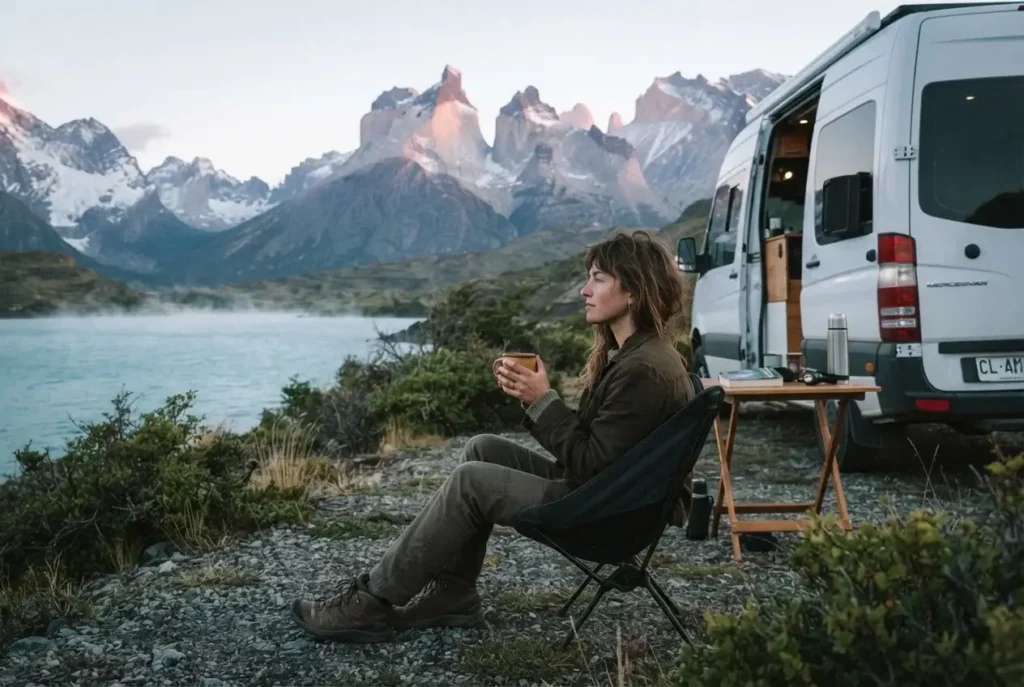 Solo female traveler sitting outside a campervan at a designated campsite in Torres del Paine National Park, Chile, with the iconic granite towers visible at dawn