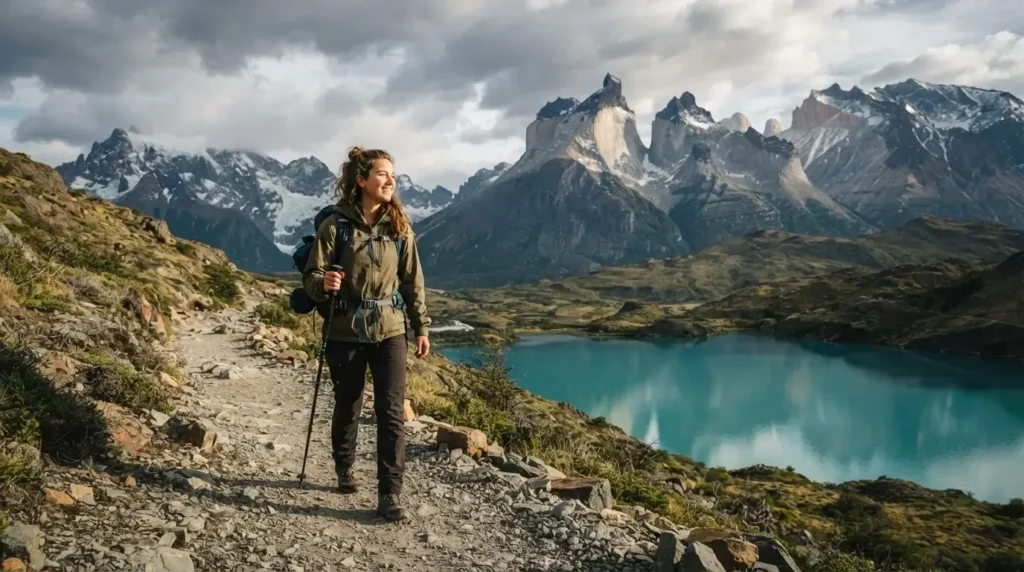 Female solo hiker on the W Trek trail in Torres del Paine National Park Chile with the granite towers and turquoise Lake Pehoe visible behind her in dramatic Patagonian light