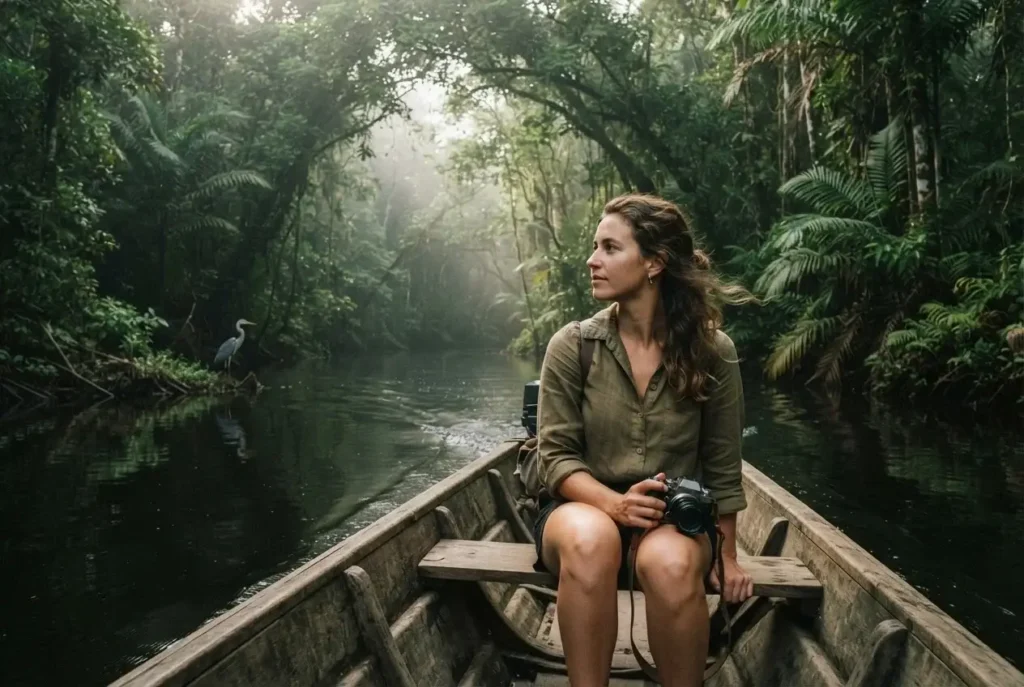Young female solo traveler sitting at the bow of a small wooden canal boat moving through the lush green jungle waterways of Tortuguero National Park, Costa Rica, soft dappled morning light