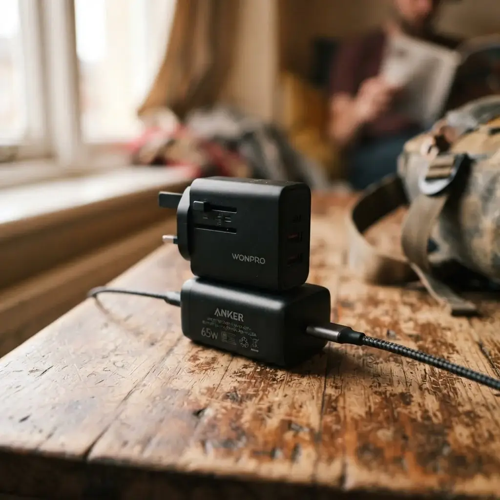 A close-up, authentic shot of a traveler's hands organizing a compact travel adapter and power cords on a wooden hostel table, focusing on the simple, practical tech gear needed for international trips.