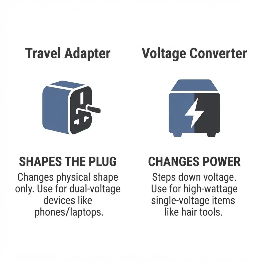 A comparison chart showing the difference between a travel adapter and a voltage converter, explaining when to use each for international travel.