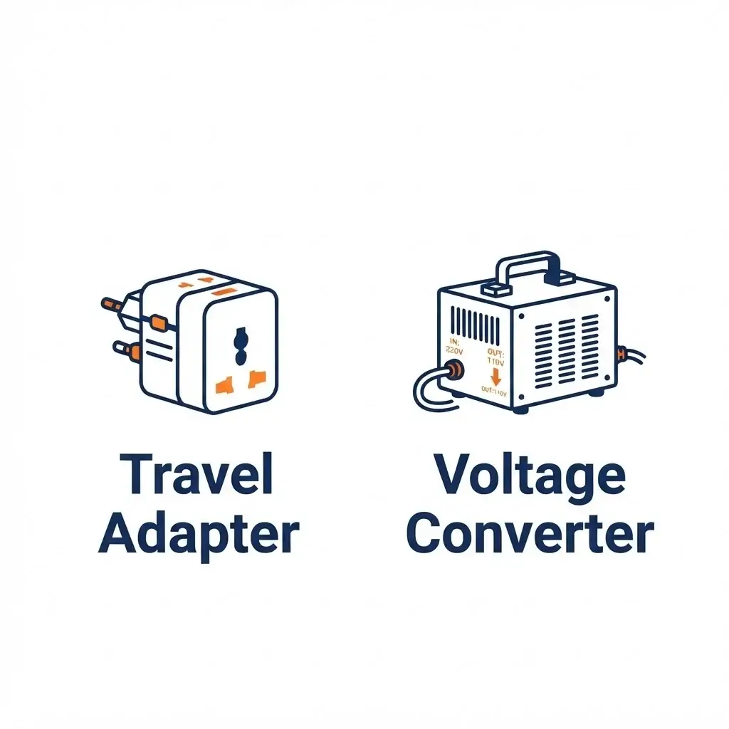 A comparison chart showing the difference between a travel adapter for changing plug shapes and a voltage converter for changing electrical current.