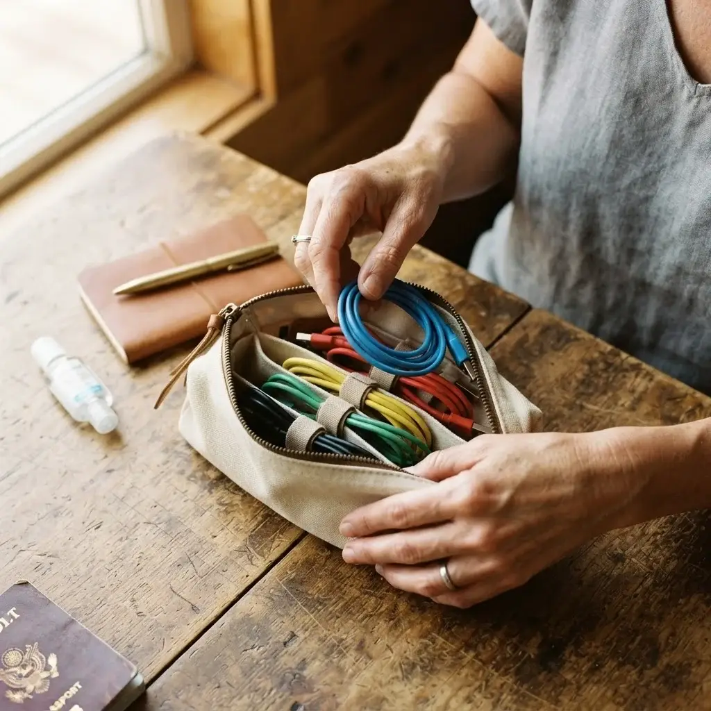 A close-up view of a solo traveler's hands carefully organizing colorful charging cables inside a dedicated travel pouch during a trip.