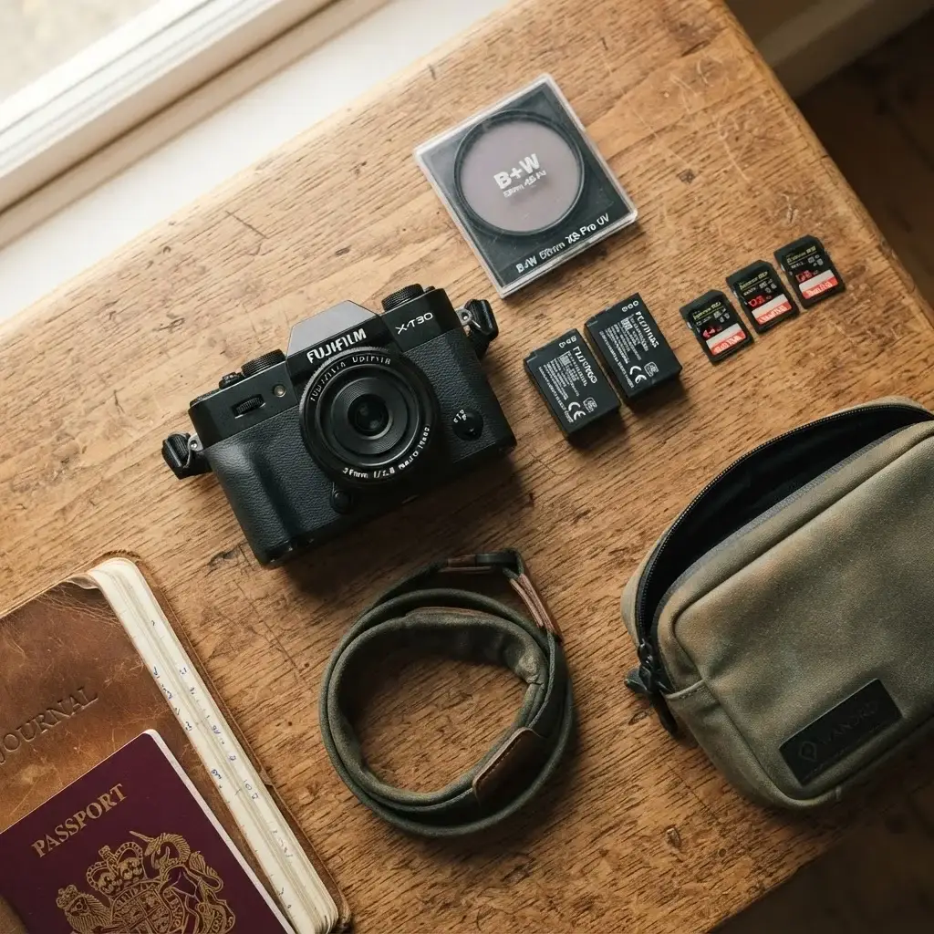 Flat lay of compact travel camera accessories on a rustic wooden surface including spare batteries, high-speed memory cards, a UV lens filter, a padded wrist strap and a weatherproof camera pouch