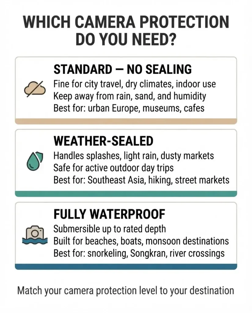Minimalist flat vector guide comparing three levels of travel camera weather protection — standard, weather-sealed, and fully waterproof — with matching travel scenario icons for beaches, rain, and jungle environments