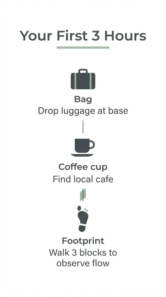 A minimalist step-by-step checklist infographic for the first three hours upon arriving in a new city, featuring clean icons and clear, readable text.