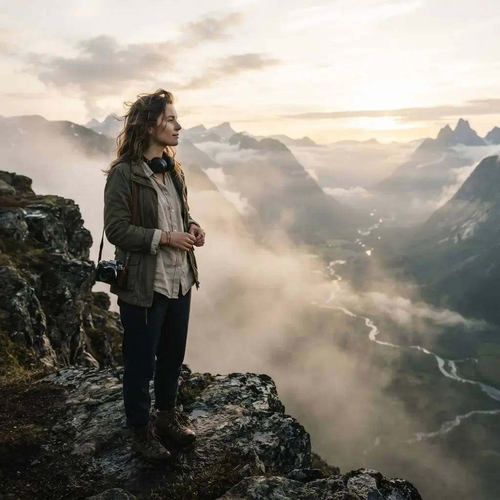 A solo female traveler looking at a serene landscape with her mirrorless camera, wearing headphones around her neck, reflecting on a successful journey to an iconic location.