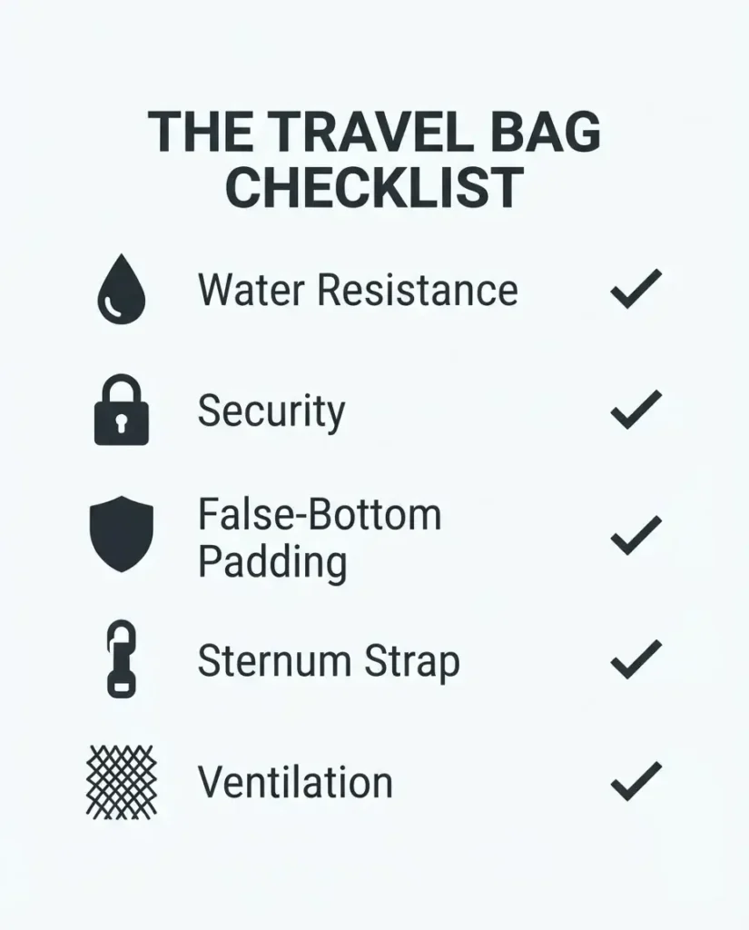 A minimalist checklist showing the five essential features of a travel-friendly laptop bag: water-resistant fabric, lockable zippers, false-bottom protection, sternum straps, and breathable back padding.