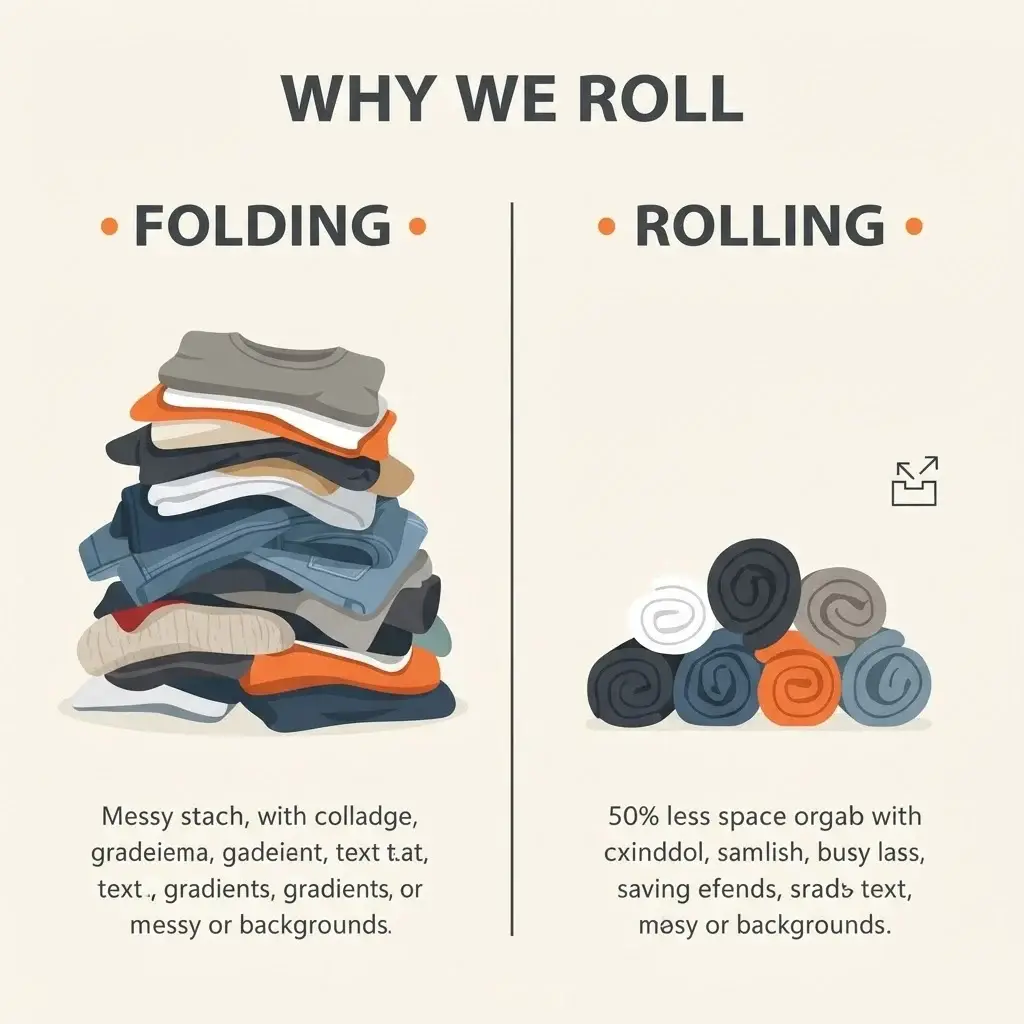 A flat vector diagram comparing the space-saving benefits of the folding method versus the rolling method for travel clothing.