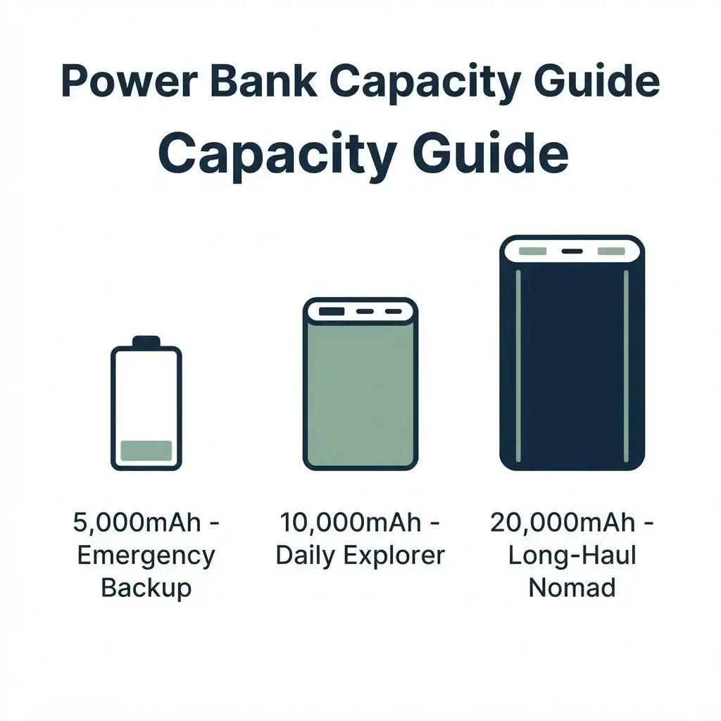 A minimalist infographic showing three battery capacity tiers: 5,000mAh for emergency, 10,000mAh for daily use, and 20,000mAh for long-haul travel.