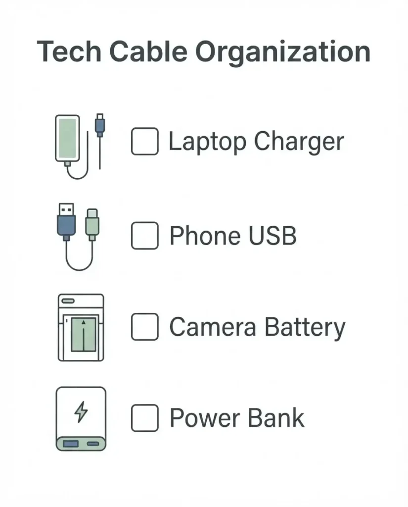 A step-by-step checklist infographic for organizing travel electronics cables, featuring minimalist icons for laptop, phone, and camera chargers.