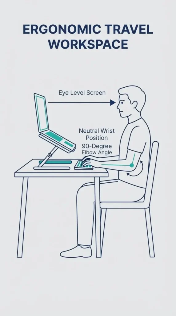 A clear visual guide showing the ideal ergonomic workspace setup for a traveler, including a laptop on a stand, an external keyboard, a mouse, and proper seated posture.