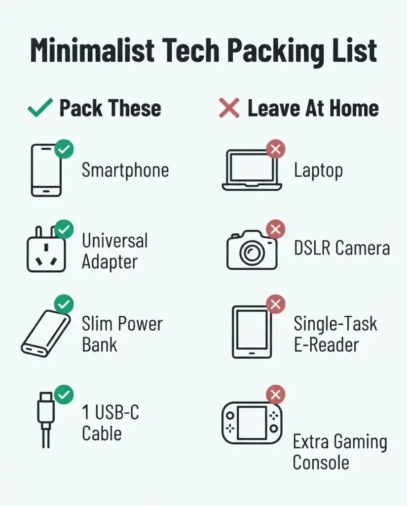 A minimalist checklist comparing essential travel tech versus unnecessary bulk items, showing a clear divide between items to pack and items to leave at home.