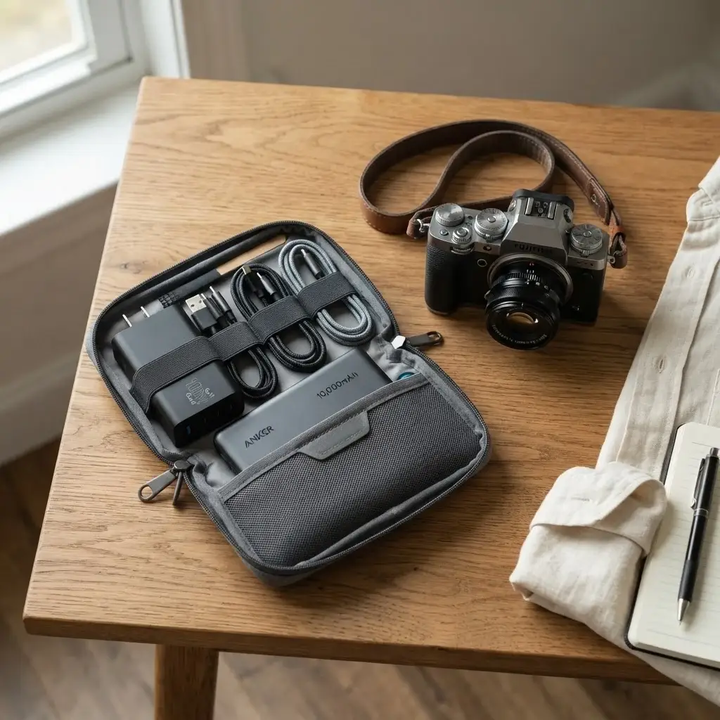 A top-down shot of a compact travel tech pouch with neatly organized cables, a multi-port GaN charger, and a mirrorless camera on a rustic wooden desk next to a linen sleeve.