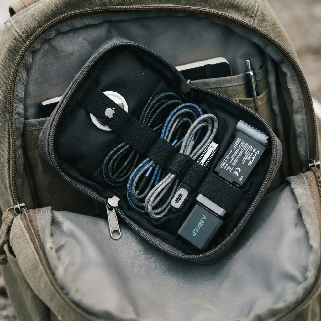 A neatly packed open tech organizer pouch inside a backpack, showing a small bluetooth tracker, charging cables, and a camera battery.