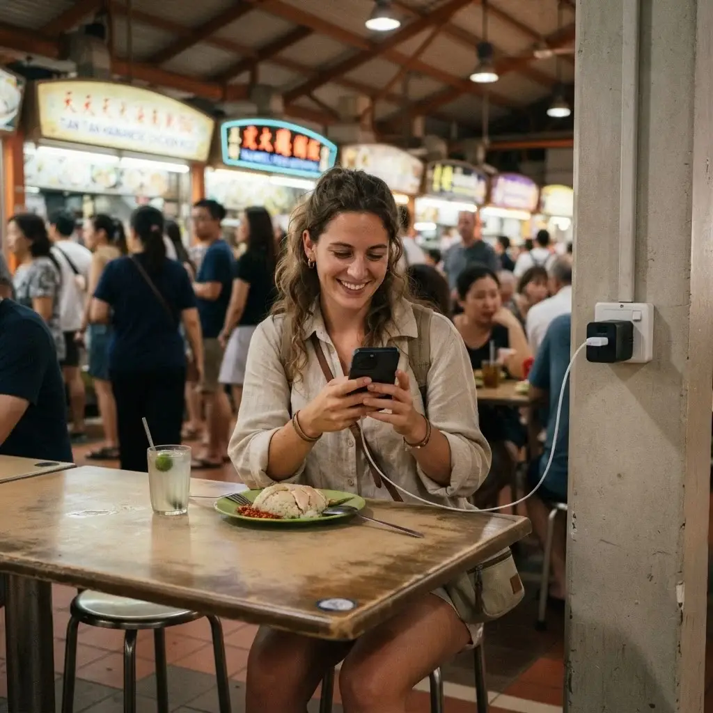 A female traveler sitting at a hawker center in Singapore, charging her phone using a universal adapter at a wall pillar while enjoying a local meal.