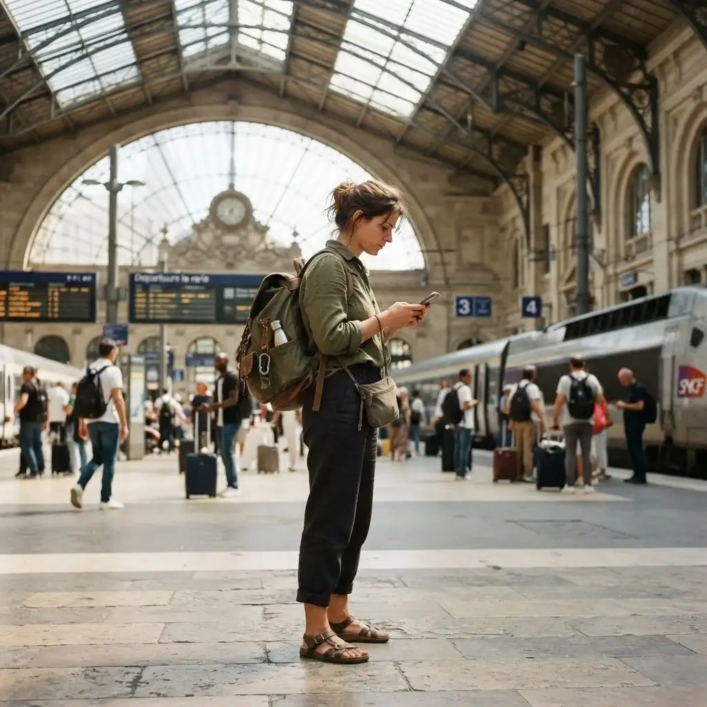 A young woman with a travel backpack checking a digital map on her phone while standing in a busy, light-filled European train station.