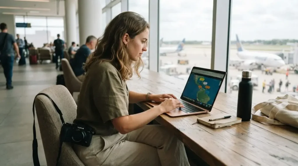 Female solo traveler using Google Flights Explore map on laptop to find cheap flights across the Americas, airport lounge setting, soft natural light