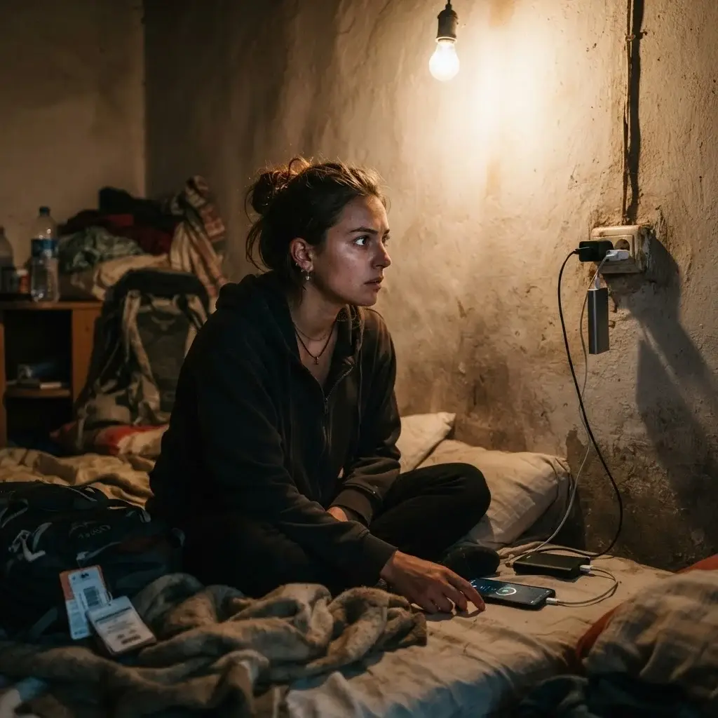 A solo traveler sitting on a bed in a rustic room, carefully monitoring her laptop and devices during a light flicker in a remote region, showing travel caution.