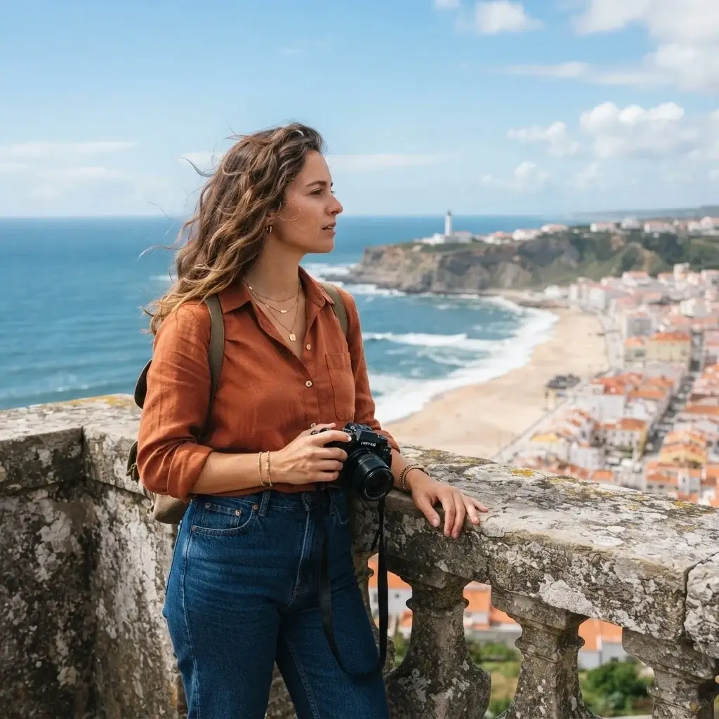 A young solo traveler looking out from the O Sítio viewpoint in Nazaré, Portugal, with the historic lighthouse and the massive Silver Coast beach landscape visible behind her.