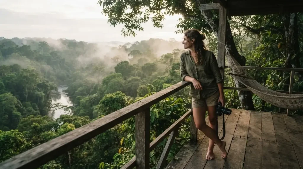Solo female traveler standing on a wooden treehouse deck above the Amazon jungle canopy near Iquitos Peru with river visible below through morning mist
